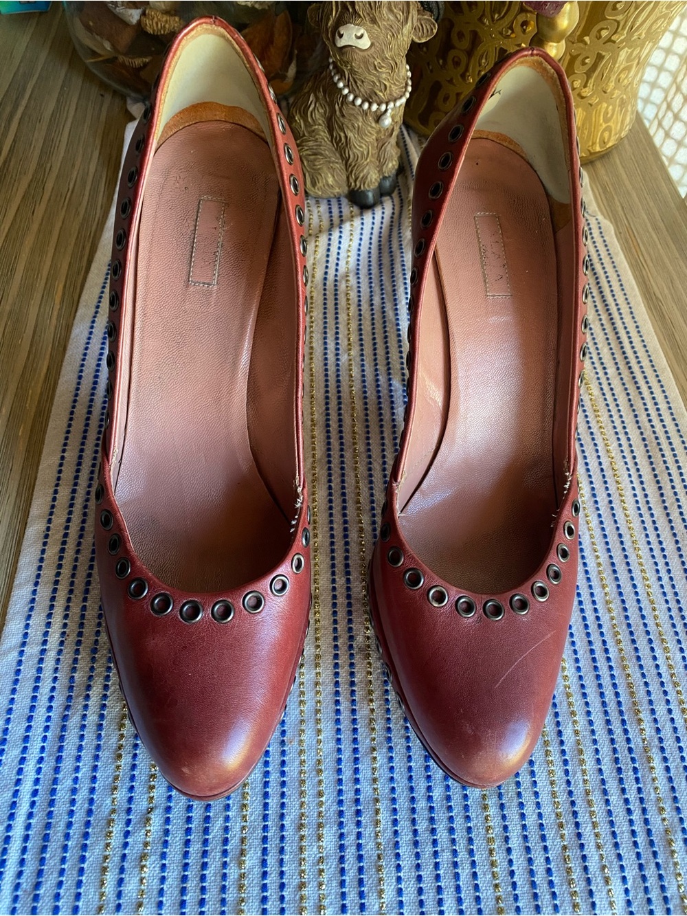 ALAIA Women's Burgundy Leather Pumps with Eyelet Detail Sz 38.5